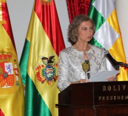 Viaje de Cooperación al Estado Plurinacional de Bolivia. Doña Sofía durante sus palabras en la cena oficial en el Palacio del Gobierno