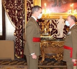 Don Felipe recibe el saludo del teniente general Luis Manuel Martínez Meijide, jefe de la Unidad Militar de Emergencia