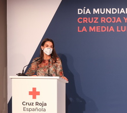 Su Majestad la Reina durante su intervenciñón en el “Día Mundial de la Cruz Roja y de la Media Luna Roja 2021”