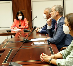 Don Felipe durante la videoconferencia acompañado por el presidente de Canarias y las ministras de Industria, Comercio y Turismo; y de Sanidad