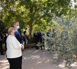 Don Felipe y la Canciller de la República Federal de Alemania, Ángela Merkel, observan el “Olivo de la Paz de Yuste”