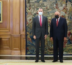 Don Felipe acompañado por el Ministro de Asuntos Exteriores de la República Árabe de Egipto, Sameh Hassan Shoukry Selim
