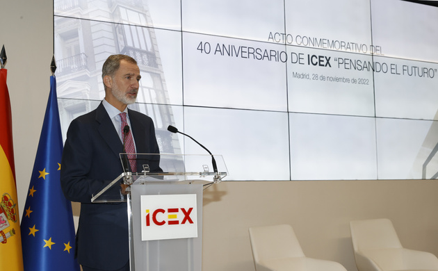 Su Majestad el Rey durante su intervención en el acto conmemorativo del 40º aniversario de ICEX “Pensando el futuro”
