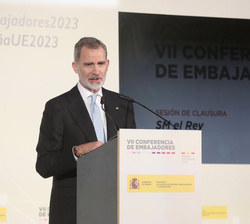 Su Majestad el Rey durante su intervención en la clausura de la VII Conferencia de Embajadores de España