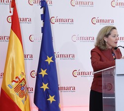 La vicepresidenta primera del Gobierno y ministra de Asuntos Económicos y Transformación Digital, Nadia Calviño, durante su intervención
