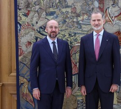 El Rey Don Felipe y el presidente del Consejo Europeo, Charles Michel, antes de la audiencia mantenida en el Palacio de La Zarzuela