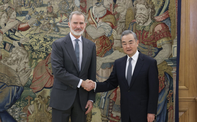 Su Majestad el Rey junto al ministro de Relaciones Exteriores de la República Popular China, Wang Yi