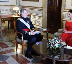Su Majestad el Rey conversa con la embajadora de la República de Serbia, Sra. Irena Sarac